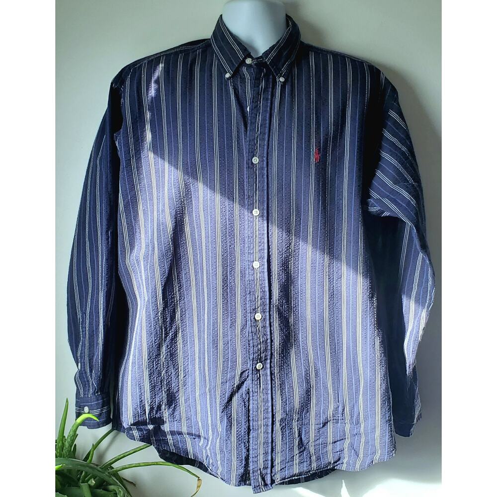 Ralph Lauren Mens Blaire Ble Striped Seersucker Long Sleeve Shirt Size L Preppy